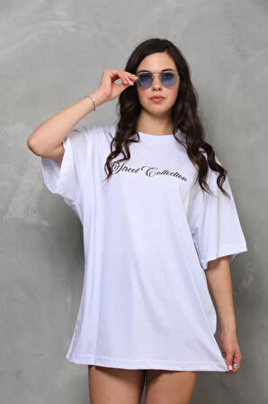 Ebedi Unisex Bisiklet Yaka Baskılı Oversize T-Shirt - Beyaz