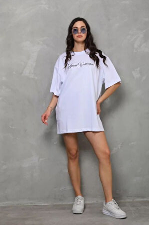 Ebedi Unisex Bisiklet Yaka Baskılı Oversize T-Shirt - Beyaz