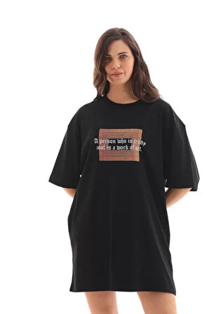 Ebedi Unisex Bisiklet Yaka Baskılı Oversize T-Shirt - Siyah