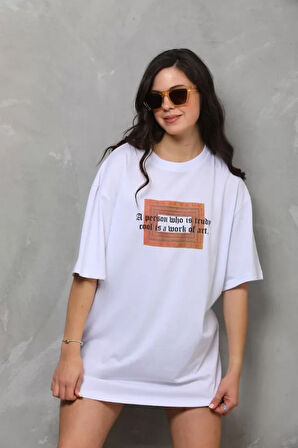 Ebedi Unisex Bisiklet Yaka Baskılı Oversize T-Shirt - Beyaz