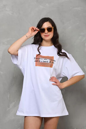 Ebedi Unisex Bisiklet Yaka Baskılı Oversize T-Shirt - Beyaz