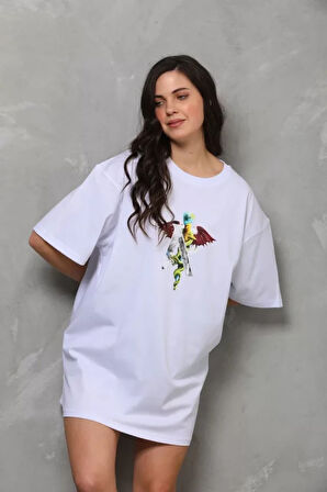 Ebedi Unisex Bisiklet Yaka Baskılı Oversize T-Shirt - Beyaz