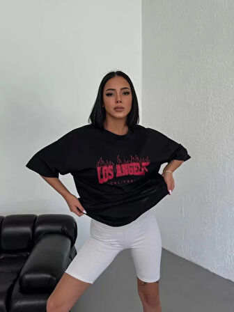 Ebedi Unisex Bisiklet Yaka Baskılı Oversize T-Shirt - Siyah