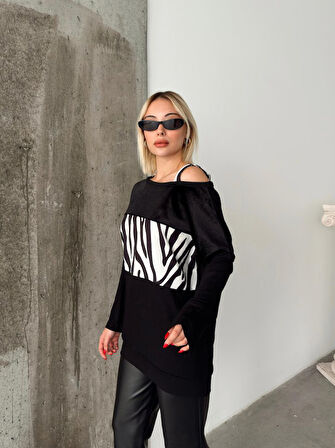Ebedi Kadın Kadife Kumaş Zebra Desenli Omuz Detay Uzun Kollu Bluz