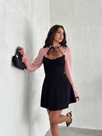 Ebedi Göğsü Bağlamalı  Kalp Yaka Kolları Şifon Mini Elbise - Siyah Pembe