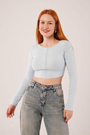 Ebedi Ters Dikişli Basic Bebe Mavisi Body Bluz