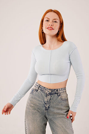 Ebedi Ters Dikişli Basic Bebe Mavisi Body Bluz