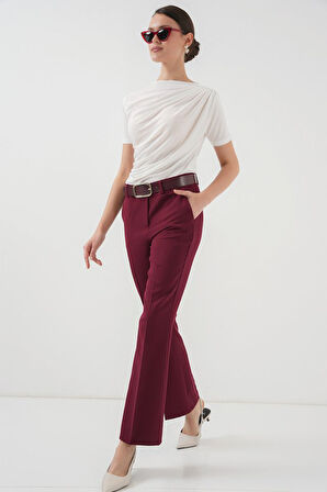 Ebedi 6538 Kemerli İspanyol Paça Pantolon - Bordo