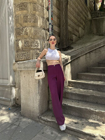 Ebedi Yüksek Bel Palazzo Metal Düğme  Pantolon