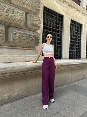 Ebedi Yüksek Bel Palazzo Metal Düğme  Pantolon
