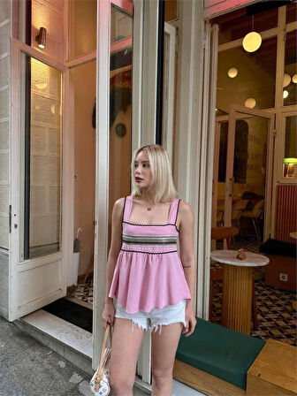 Ebedi HASIR ŞERİTLİ ASKILI BLUZ - Pembe