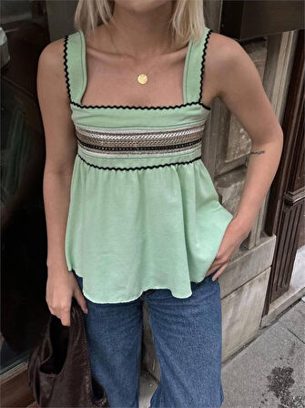 Ebedi HASIR ŞERİTLİ ASKILI BLUZ - Mint