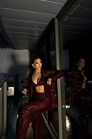 Ebedi PUL PAYET 3 LÜ TAKIM - CEKET-BÜSTİYER-PANTOLON - Bordo