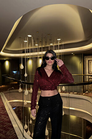 Ebedi PULLU CROP KRUVAZE BLUZ - Bordo