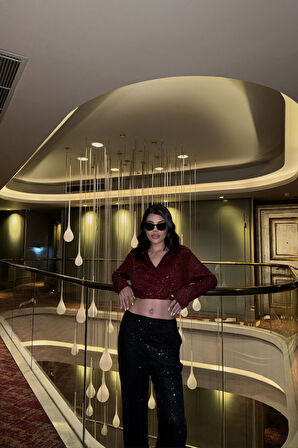Ebedi PULLU CROP KRUVAZE BLUZ - Bordo