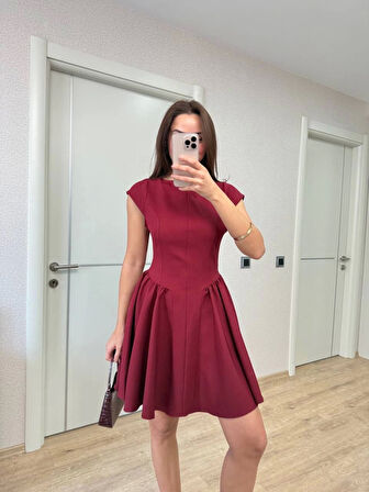 Ebedi Sırt Dekolteli Çan Detaylı Mini Elbise - Bordo