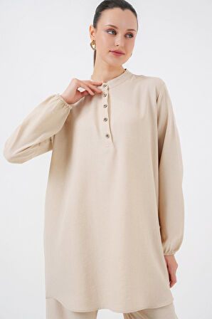 Ebedi 6678 Keten Tunik Pantolon İkili Takım - Bej