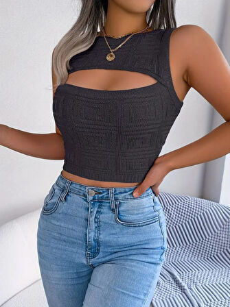 Ebedi Kadın Askılı Bisiklet Yaka Güpüs Dekolteli Triko Crop Bluz
