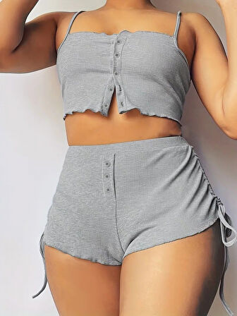 Ebedi Kadın Ip Askılı Crop Bluz Ve Yanlardan Büzgülü Ikili Kaşkorse Short Takım