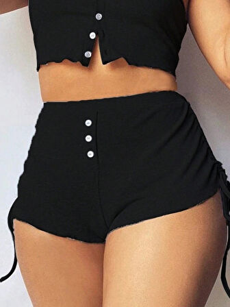 Ebedi Kadın Ip Askılı Crop Bluz Ve Yanlardan Büzgülü Ikili Kaşkorse Short Takım