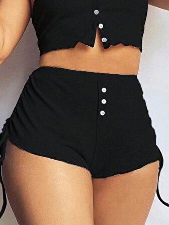 Ebedi Kadın Ip Askılı Crop Bluz Ve Yanlardan Büzgülü Ikili Kaşkorse Short Takım