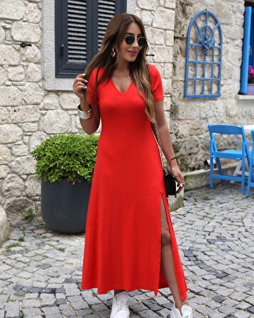 Ebedi Kadın Kısa Kollu V Yaka Maxi Boy Elbise 124 Cm