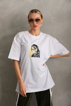 Ebedi Unisex Baskılı Oversize T-Shirt - Beyaz