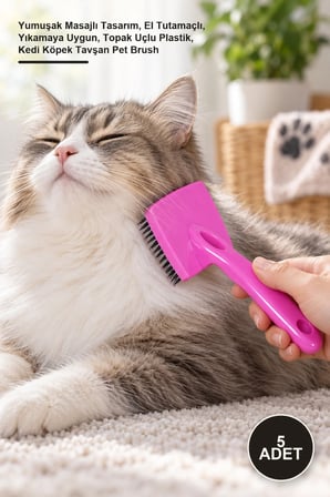 5 Adet Evcil Hayvan Tarağı – Yumuşak Masajlı Tasarım, El Tutamaçlı, Yıkamaya Uygun, Topak Uçlu Plastik, Kedi Köpek Tavşan Pet Brush