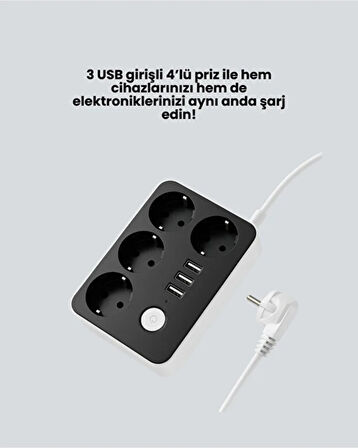 4’lü Akıllı Priz ve 3 USB Girişli Çoklu Priz – Anahtarlı Masa Üstü Uzatma Kablosu, Güvenli Enerji Dağıtıcı