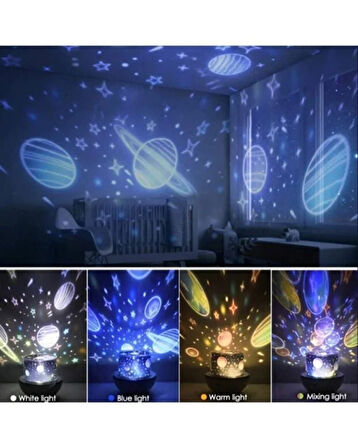 Gezegen Temalı Yıldızlı Gece Lambası – Tavana Yansıyan Dönen LED Projektör – USB Şarjlı Dekoratif Atmosfer Işığı