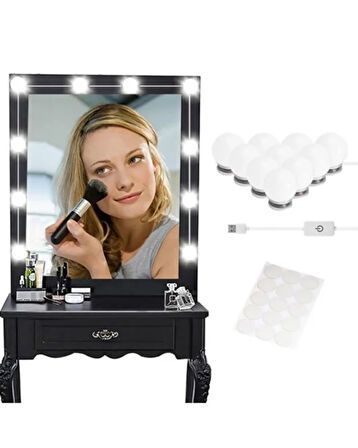Hollywood Tarzı LED Makyaj Aynası Işık Seti | 3 Modlu USB’li Ayarlanabilir Ampul Aydınlatma | Beyaz – Sıcak – Doğal Işık