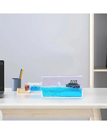 Dalga Efektli Şişe İçinde Gemi Dekor – Hareketli Sıvılı Masa Üstü Maket – Dekoratif Deniz Temalı Biblo