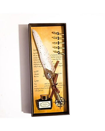 Vintage Tüy Kalem Yazı Seti – Mürekkep ve 5 Uçlu Kaligrafi Seti | Hediye Kutusu, Retro Kalem, Kaligrafi Kalemi