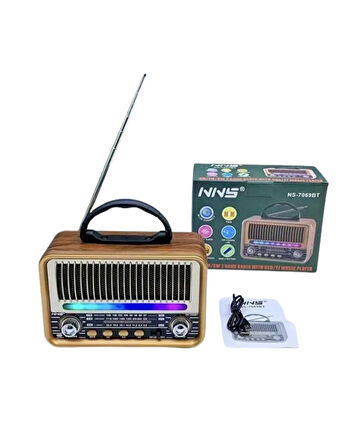 Retro Taşınabilir Radyo NS-7069BT – FM/AM/SW3 Çoklu Frekans – Bluetooth USB/TF Kart MP3 Çalar – Şarjlı Ahşap Görünümlü Radyo
