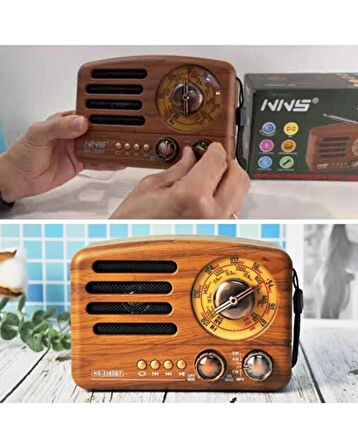 Retro Şarjlı Radyo NS-3380BT – FM/AM/SW Çoklu Frekans – Bluetooth USB/TF Kart MP3 Çalar – Ahşap Görünümlü Taşınabilir Radyo
