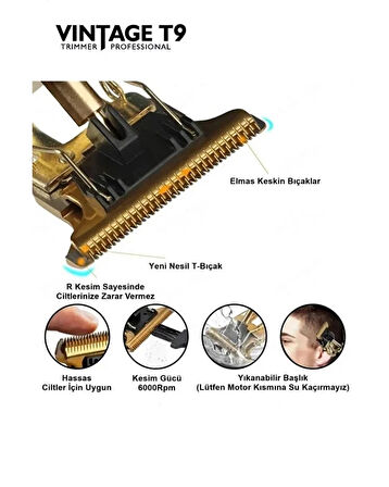 Vintage T9 Profesyonel Şarjlı Saç ve Sakal Kesme Makinesi – Metal Gövdeli Trimmer, 0 mm Kesim, 4 Başlıklı Erkek Tıraş Makinesi