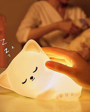 Sevimli Kedi Silikon Gece Lambası – USB Şarjlı, Dokunmatik, Yumuşak Işıklı Bebek ve Çocuk Odası Lambası