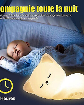 Sevimli Kedi Silikon Gece Lambası – USB Şarjlı, Dokunmatik, Yumuşak Işıklı Bebek ve Çocuk Odası Lambası