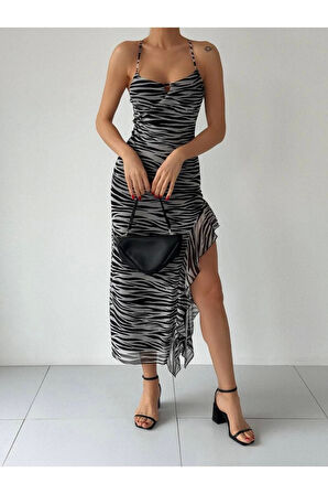 Zebra Desenli Yırtmaçlı Tül Elbise