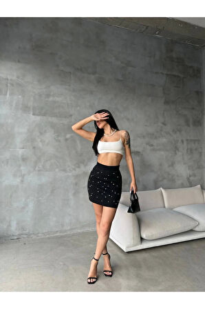 İncili Mini Triko Etek