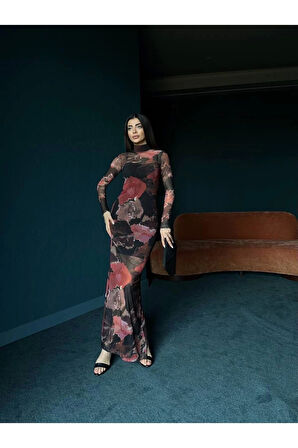 Uzun Tül Baskılı Elbise