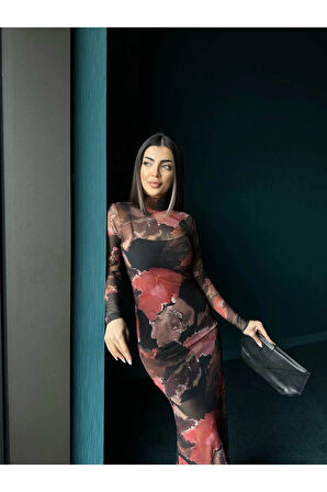 Uzun Tül Baskılı Elbise