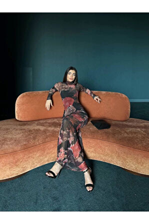 Uzun Tül Baskılı Elbise