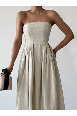 Straplez Midi Elbise %100 Pamuk