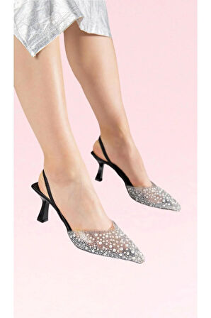 Düğün Nişan Davet Ayakkabısı Siyah Prenses Şeffaf Inci Taşlı Detaylı Topuklu Ayakkabı(7 CM TOPUK)