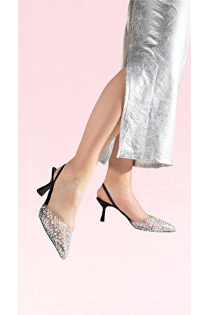 Düğün Nişan Davet Ayakkabısı Siyah Prenses Şeffaf Inci Taşlı Detaylı Topuklu Ayakkabı(7 CM TOPUK)