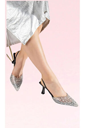 Düğün Nişan Davet Ayakkabısı Siyah Prenses Şeffaf Inci Taşlı Detaylı Topuklu Ayakkabı(7 CM TOPUK)