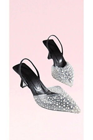 Düğün Nişan Davet Ayakkabısı Siyah Prenses Şeffaf Inci Taşlı Detaylı Topuklu Ayakkabı(7 CM TOPUK)