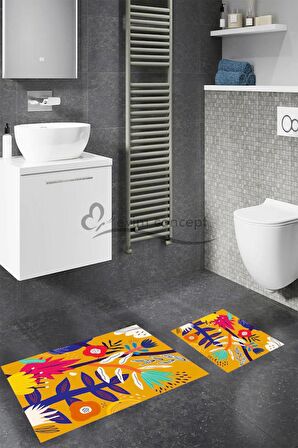 Çiçek Desen Banyo Paspası, Renkli Çiçekler Klozet Takımı, Kaymaz Taban Banyo Paspası, Çiçekli  Klozet Takımı, Klozet Takımı, Yıkanabilir Klozet Takımı, Dekoratif Banyo Paspası