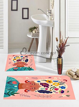 Kadın Yüz Desen Banyo Paspası, Pembe Renk Paspas, Figürlü Paspas Takımı, Kaymaz Taban Banyo Paspası, Çiçekli  Klozet Takımı, Klozet Takımı, Yıkanabilir Klozet Takımı, Dekoratif Banyo Paspası